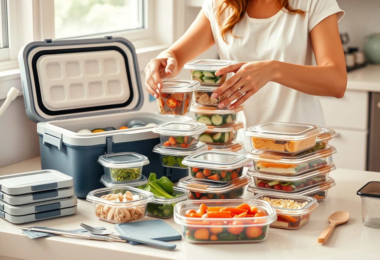 A busy mom efficiently packing quick family vacation meal prep solutions into various containers and coolers, emphasizing organization and preparation for travel.