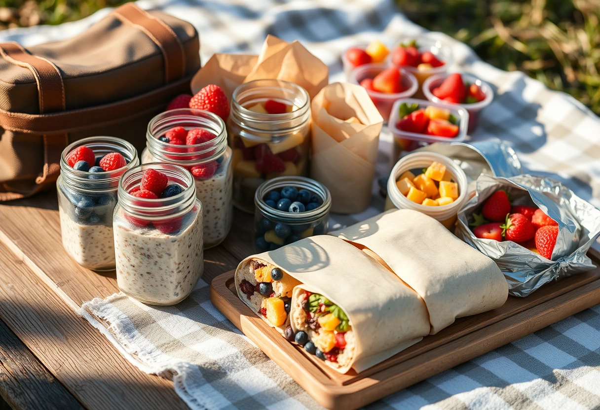 A spread of quick family vacation meal prep solutions for breakfast, including overnight oats, pre-made breakfast burritos, and fruit cups, ready for an easy morning meal.