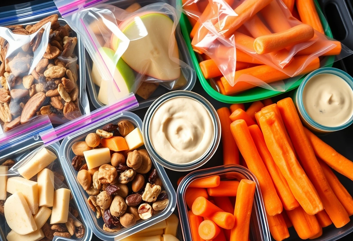 An assortment of travel-friendly snacks for a family vacation, neatly packed in small containers, including trail mix, apple slices, cheese sticks, and baby carrots, ready for quick grabs.