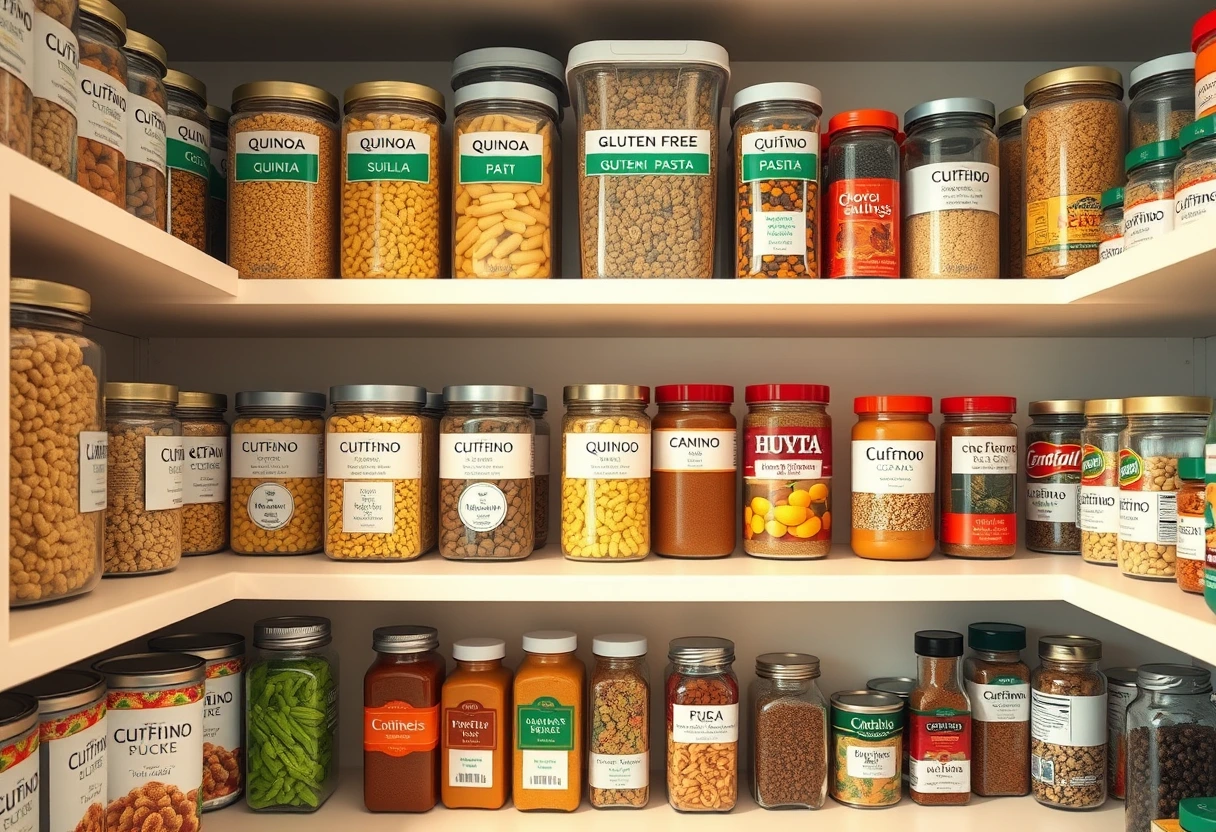 A perfectly organized gluten-free pantry with labeled containers of quinoa, gluten-free pasta, canned beans, and various spices, reflecting efficient meal prep for busy mothers.