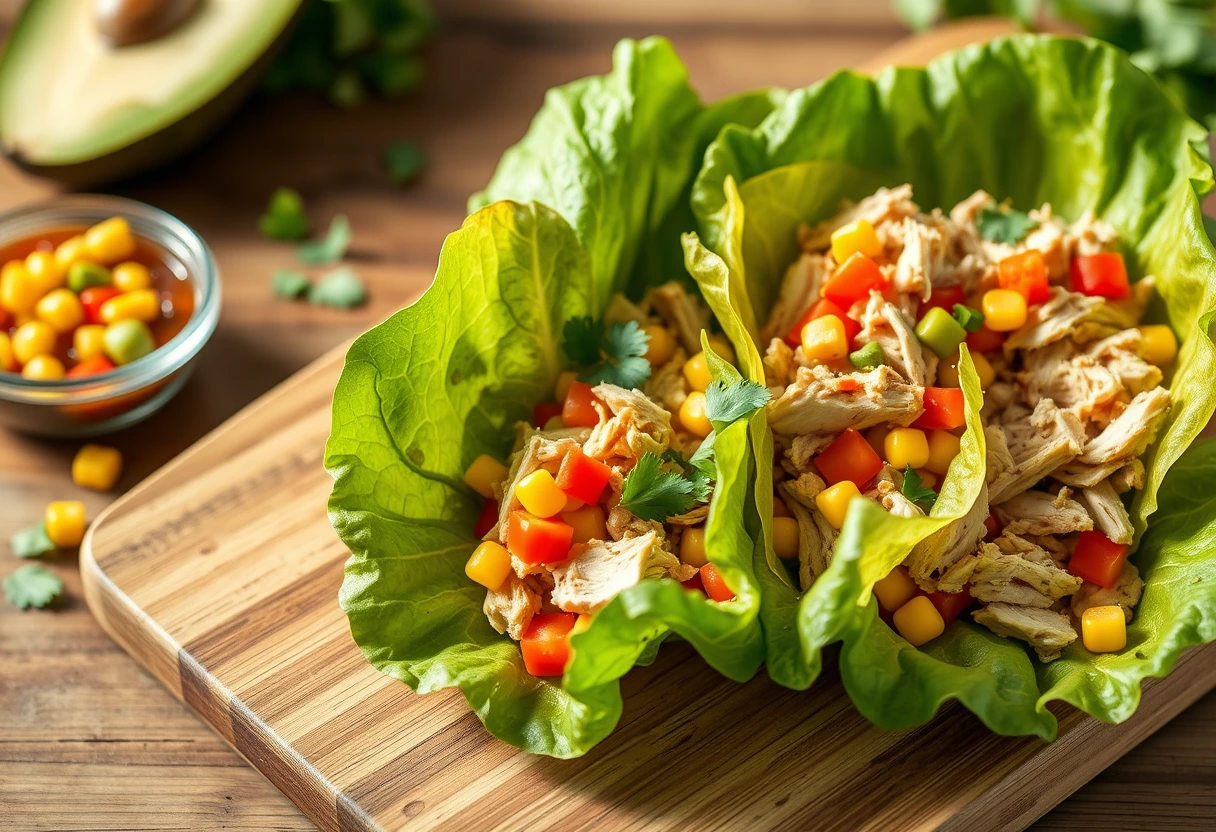 A creative repurposing of leftover roasted chicken and vegetables into vibrant lettuce wraps, showcasing smart meal planning for quick gluten-free dinners for new moms.