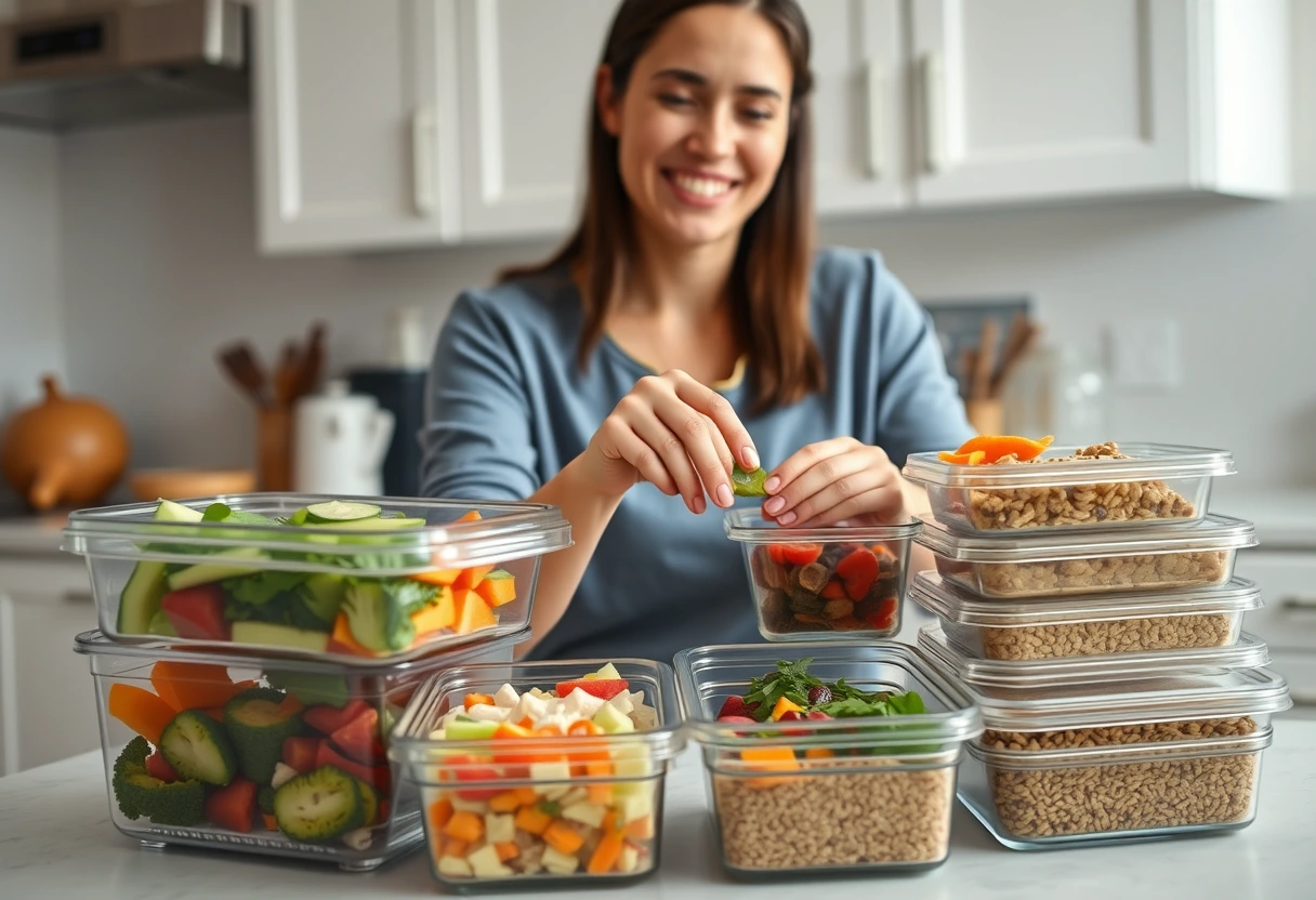 A busy mom smiling while effortlessly assembling a prepped healthy meal in her kitchen, surrounded by colorful containers of Quick, Healthy, Budget-Friendly Recipes for Busy Moms