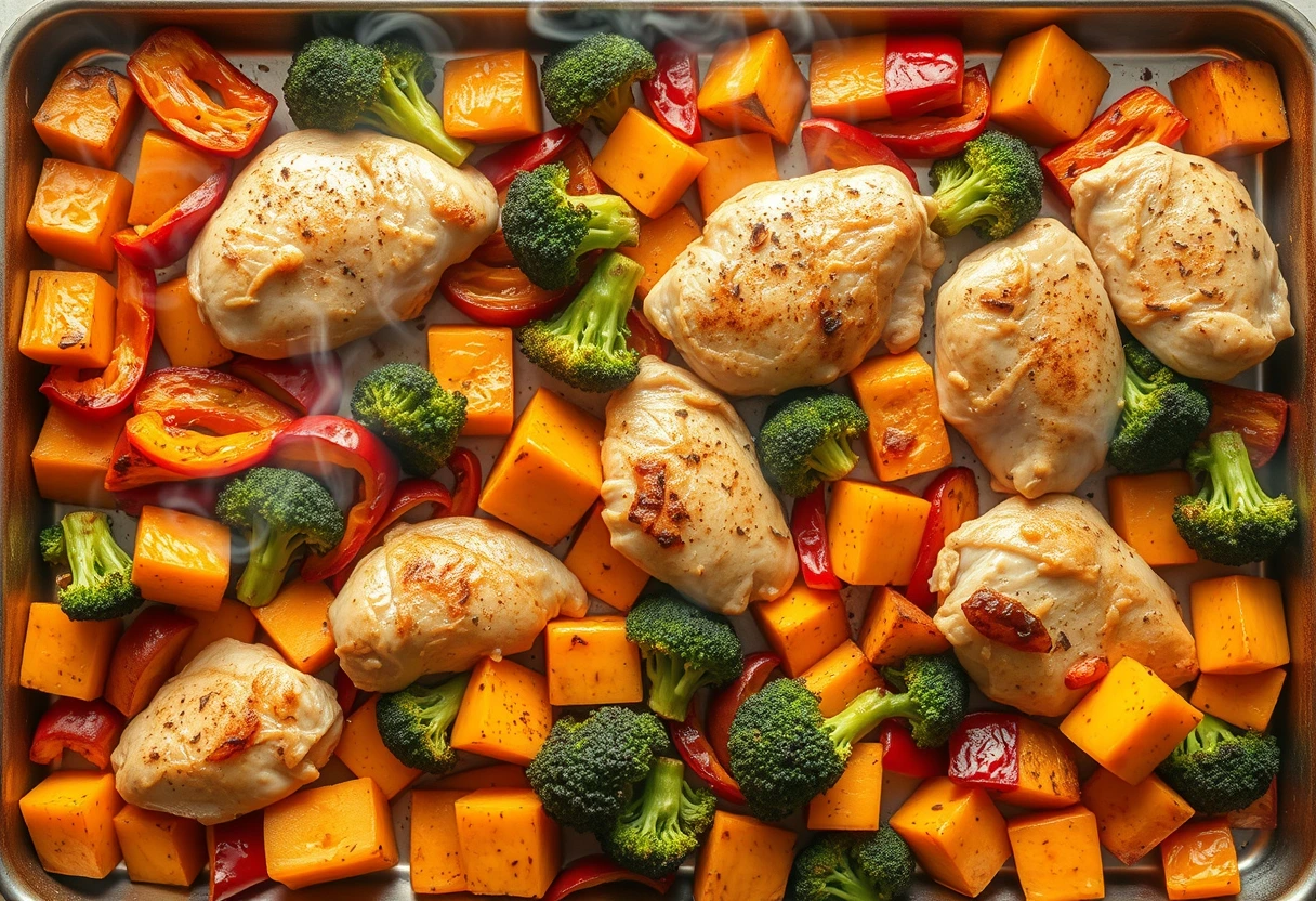 A vibrant and appetizing sheet pan dinner featuring roasted vegetables and lean protein, embodying Quick, Healthy, Budget-Friendly Recipes for Busy Moms
