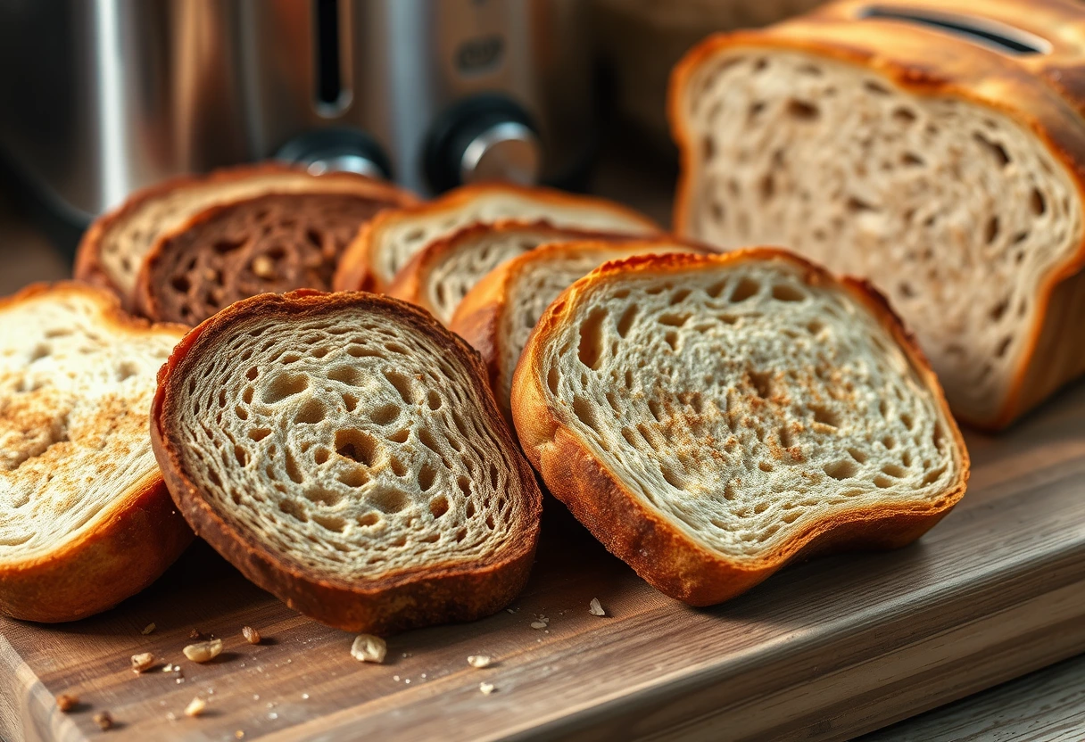 A close-up shot of various whole-grain bread slices, some lightly toasted to a golden-brown hue, on a rustic wooden cutting board, emphasizing the perfect base for quick healthy toast recipes.
