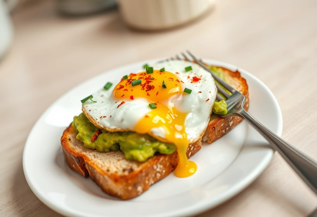 A perfectly ripe avocado smashed onto a slice of golden-brown whole-grain toast, topped with a perfectly cooked fried egg with a runny yolk, sprinkled with red pepper flakes and chives, representing quick healthy toast recipes for busy mornings.