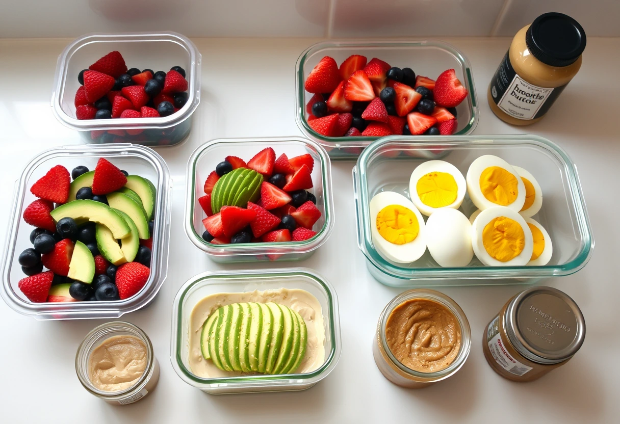 Various meal prep containers filled with pre-chopped ingredients like berries, sliced avocado (with lemon juice to prevent browning), hard-boiled eggs, and small jars of homemade spreads, ready for quick healthy toast recipes.