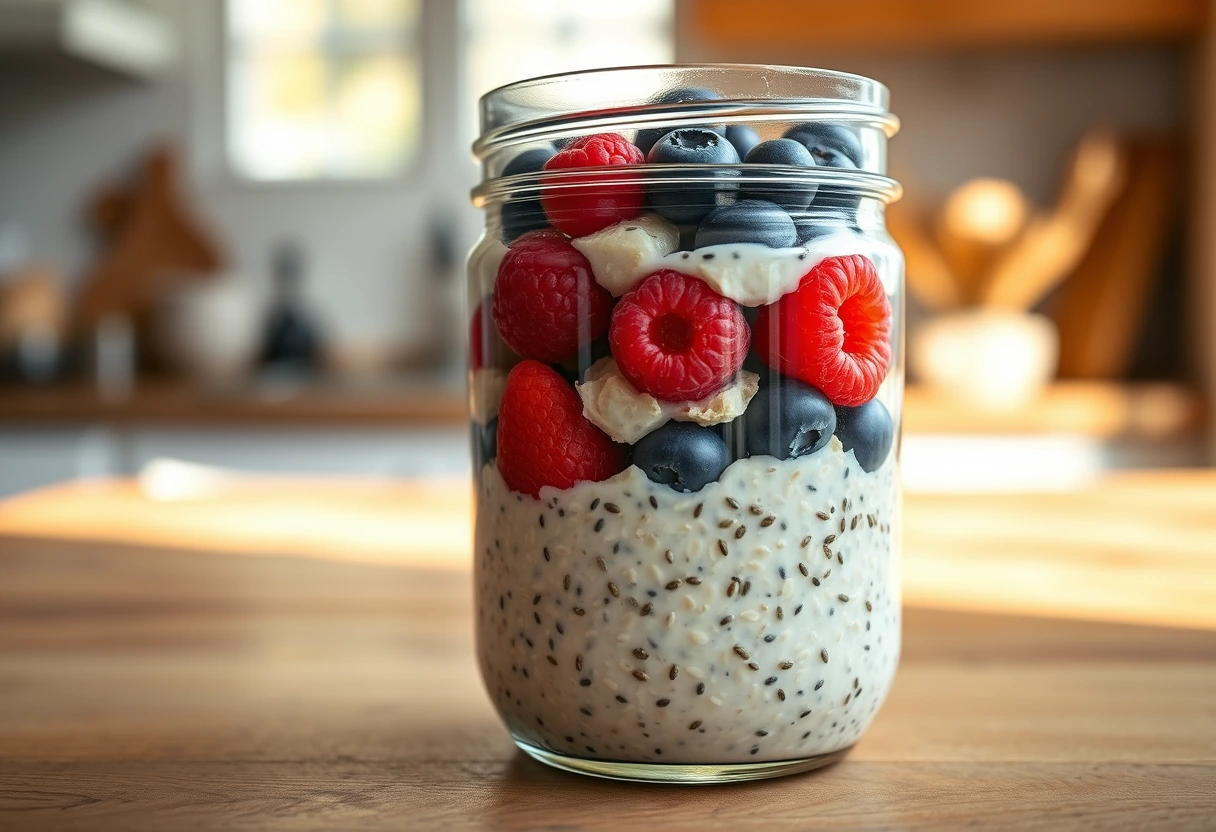 A glass jar filled with overnight oats, topped with fresh berries, nuts, and a drizzle of honey, sitting on a kitchen counter, ready to be eaten. The scene emphasizes a healthy, convenient breakfast solution.