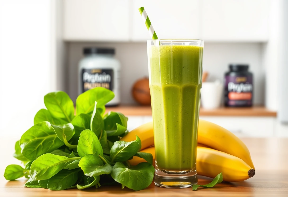 A vibrant green protein smoothie in a tall glass with a straw, garnished with mint, surrounded by fresh ingredients like spinach, banana, and protein powder. The image highlights a refreshing, energizing breakfast solution for busy mornings.