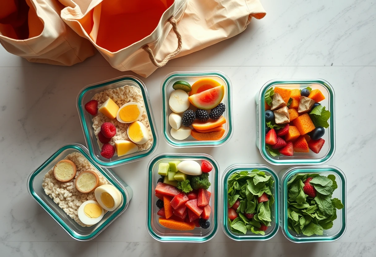 A neatly organized meal prep station with various containers filled with pre-portioned breakfast ingredients like berries, chopped vegetables, hard-boiled eggs, and overnight oats jars. The scene emphasizes efficient meal prep for quick protein-rich breakfasts.
