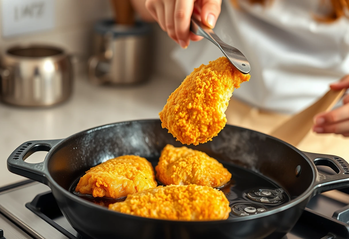 A busy mom expertly frying chicken pieces in a large pan on a stovetop, with crispy homemade KFC-style chicken dinners visible in the background, making it a perfect quick KFC-style family dinner.