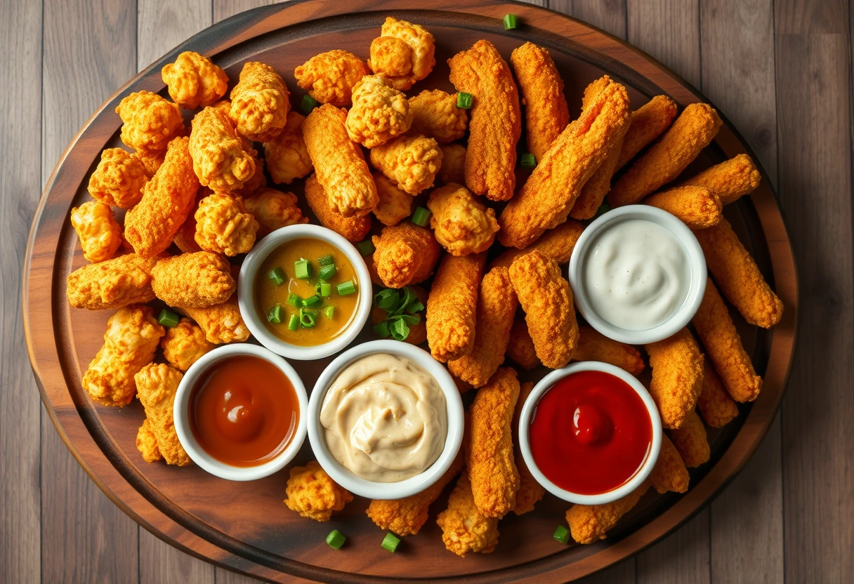 A platter of golden-brown homemade popcorn chicken and chicken strips, ready to serve as part of a quick KFC-style family dinner that moms can easily make at home.