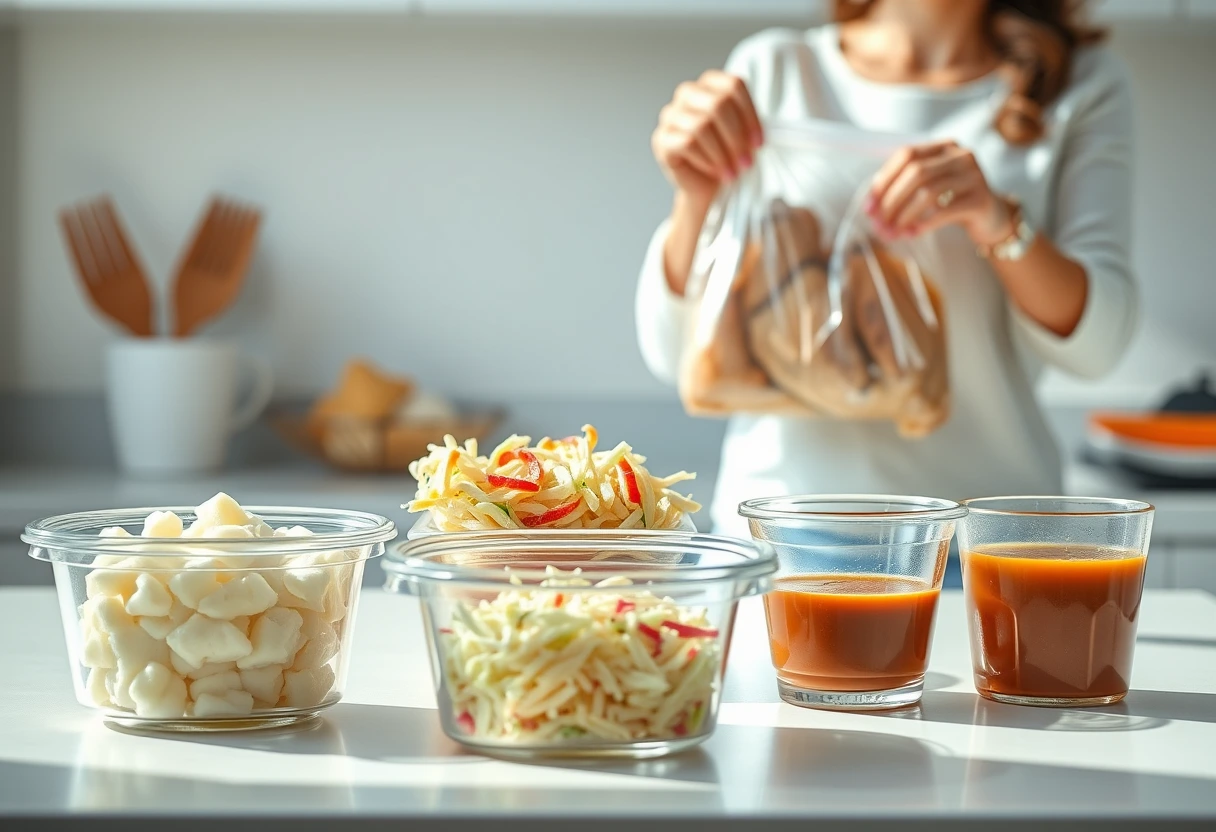 A variety of prepped ingredients and batch-cooked sides like mashed potatoes and coleslaw in meal prep containers, ready for quick KFC-style family dinners you can make at home.