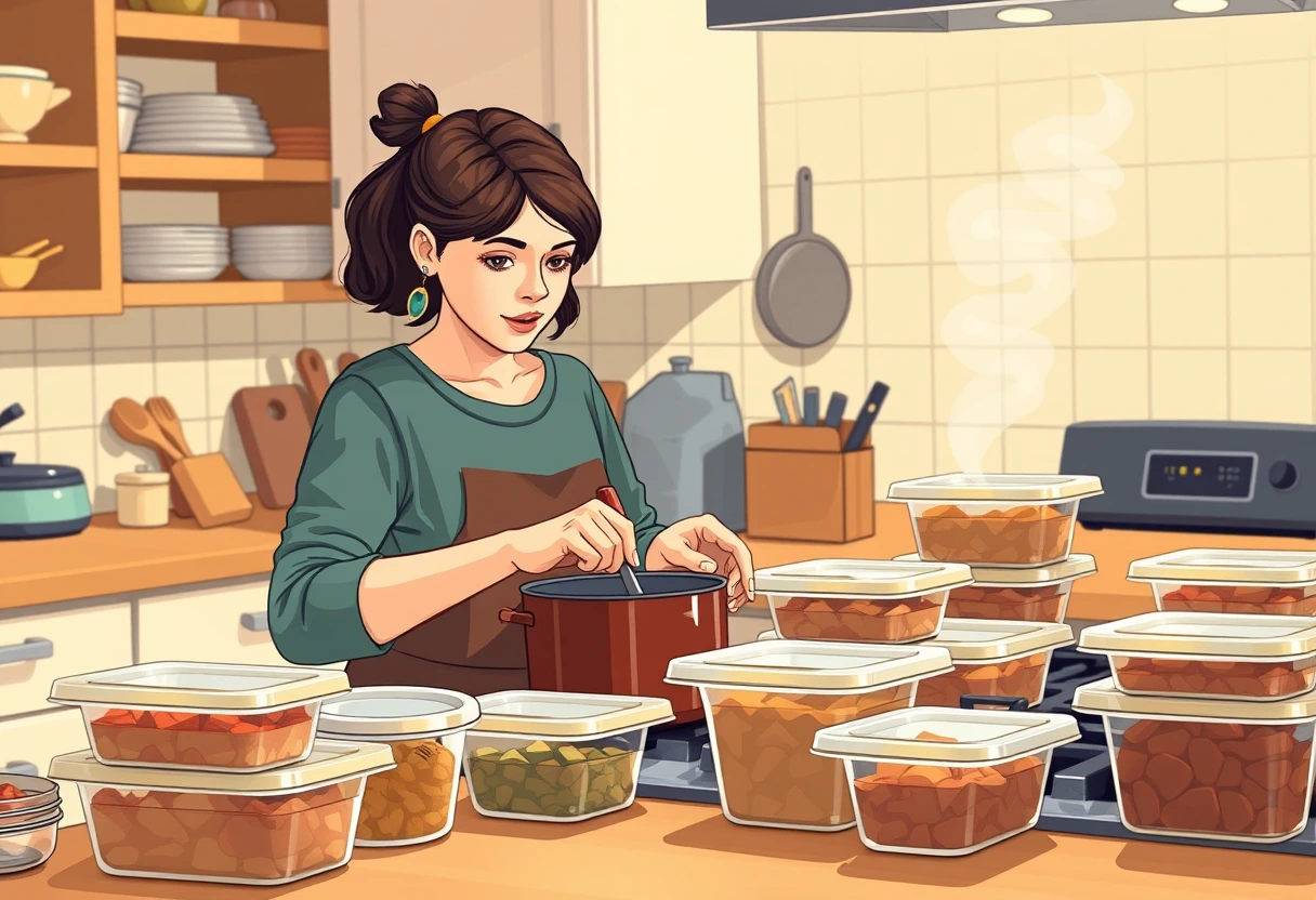 A busy mother efficiently batch cooking quick kid meals for busy weeknights, with pre-portioned containers ready for the freezer.