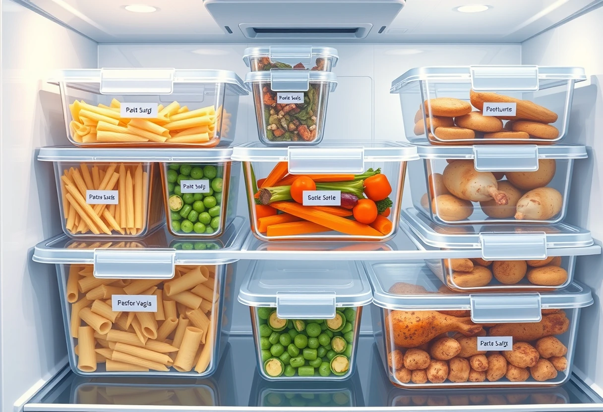 A variety of quick kid meals for busy weeknights stored in transparent, airtight containers in a neatly organized refrigerator, ready for reheating.