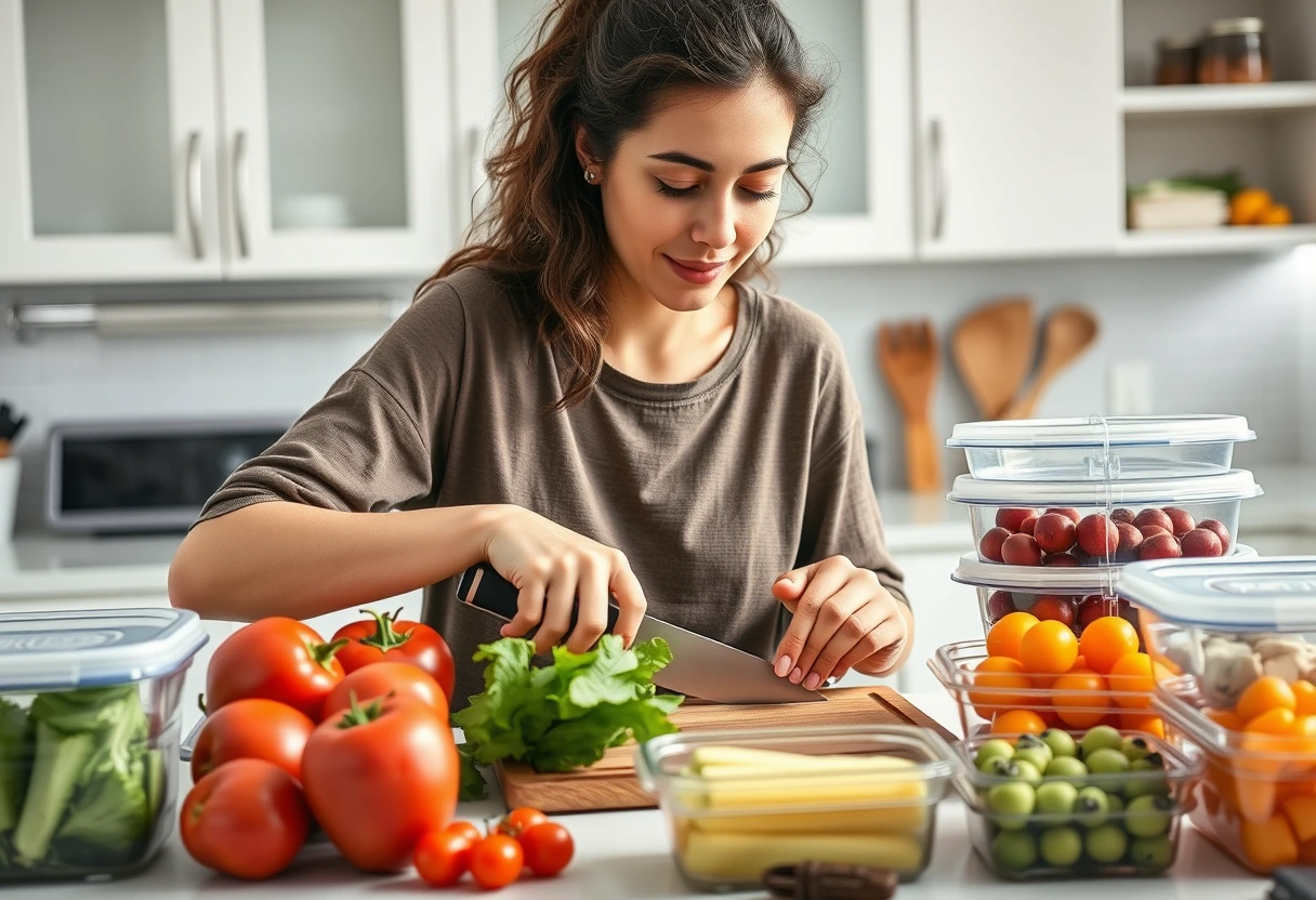 A busy young mother efficiently chopping fresh vegetables and fruits on a clean kitchen counter, surrounded by meal prep containers. The scene suggests easy kid snack preparation. Title: Speedy Kid Snack Prep.