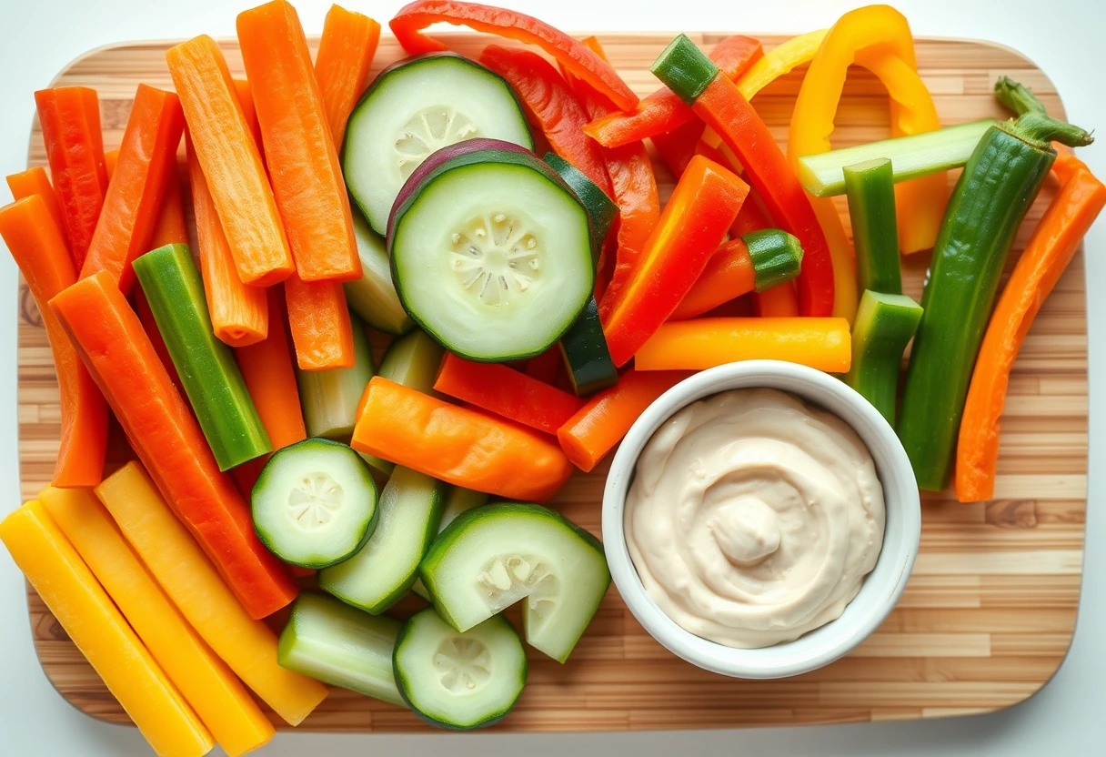 A variety of colorful, pre-cut vegetables like carrot sticks, cucumber slices, and bell pepper strips neatly arranged with a small bowl of hummus, ready for quick snacks for children. Title: Prepared Kid Snacks.