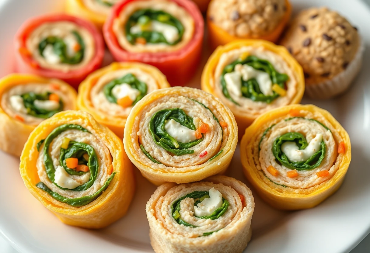 Colorful whole wheat pinwheels filled with cream cheese and finely diced vegetables, neatly arranged on a child-friendly plate, ideal as quick kid snacks. Title: Wholesome Grain-Based Snacks.