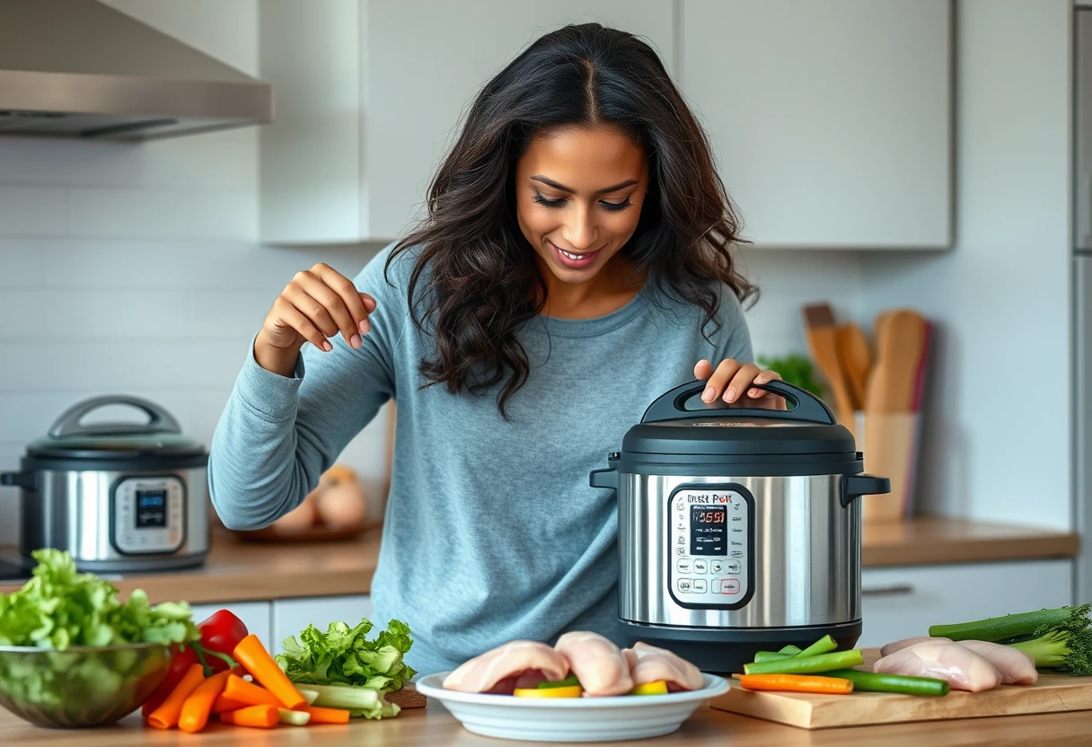 A busy mom expertly using an Instant Pot to prepare quick kids dinners, surrounded by fresh ingredients and organized kitchen tools, demonstrating efficient cooking for busy moms.