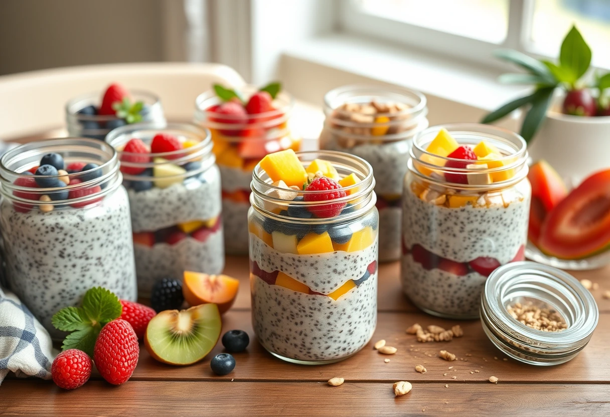 A busy mom smiling while holding a jar of vibrant overnight oats, representing quick low-calorie breakfasts for busy moms on the go, with fresh berries and chia seeds visible, in a modern kitchen setting.