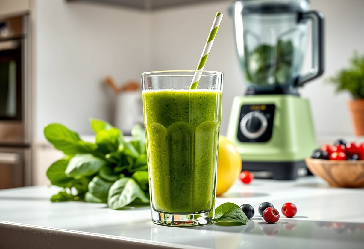 A vibrant green smoothie in a glass with a straw, placed on a kitchen counter next to fresh spinach and berries, symbolizing healthy and quick low-calorie breakfasts for busy mothers who prioritize nutrition and speed.