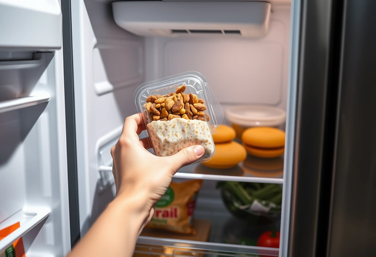 A busy mom quickly grabbing a pre-packed, low-calorie breakfast from a minimalist fridge, perhaps a container of overnight oats or an egg muffin, emphasizing convenience and efficiency for quick low-calorie breakfasts for busy moms.