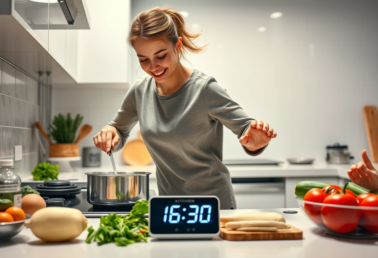 A busy mother quickly preparing a healthy 30-minute meal in a modern kitchen, with fresh ingredients visible, embodying quick meal ideas to fill your family recipe book.