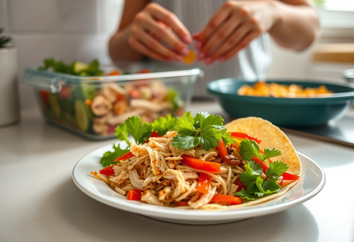 A creative mom transforming leftover roasted chicken and vegetables into a fresh, quick meal, showcasing quick meal ideas to fill your family recipe book.
