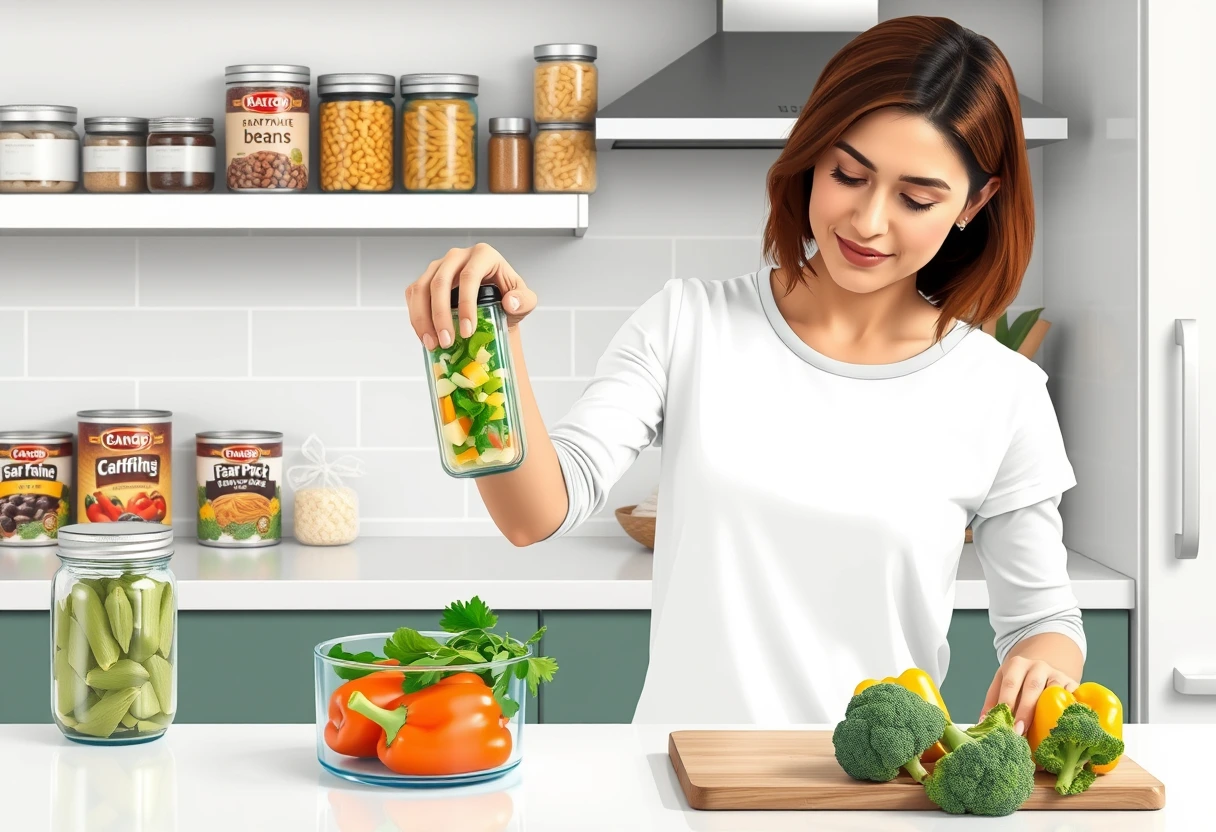 A busy mom quickly preparing a healthy meal with various pantry staples and fresh ingredients, illustrating efficient dinner ideas for mothers with limited time.
