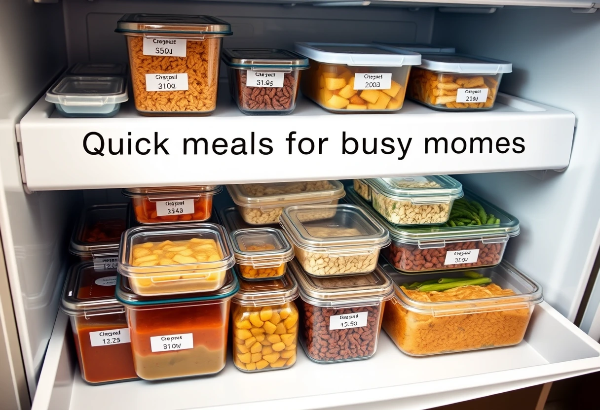 A neatly organized freezer stocked with various labeled containers of pre-made quick meals for busy mothers, demonstrating efficient batch cooking and storage.