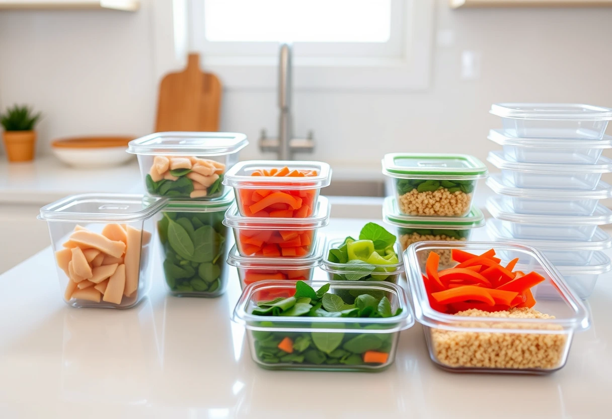 A well-organized kitchen counter with various pre-cut vegetables, cooked grains, and lean proteins, ready for quick assembly into meals, highlighting time-saving tips for busy moms.