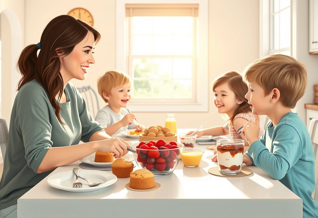 A family enjoying a simple breakfast spread with pre-made muffins and fruit on a sunny vacation morning, showcasing easy family recipes.