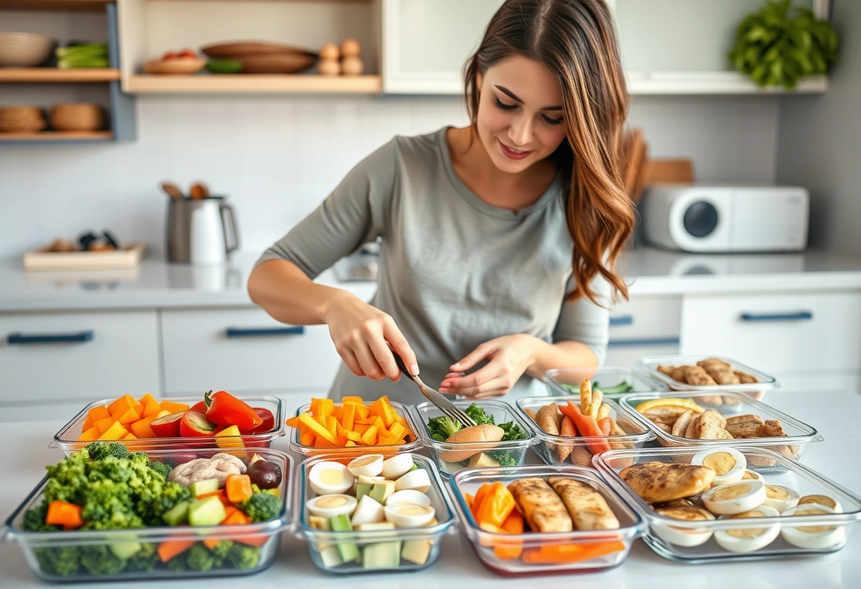A busy young mother efficiently preparing quick nutritious meals that won't bust the budget in a modern, organized kitchen. She is surrounded by pre-chopped vegetables and pre-cooked proteins, demonstrating the ease of batch cooking. The image is photorealistic, showcasing a clean, bright atmosphere with soft natural light.
