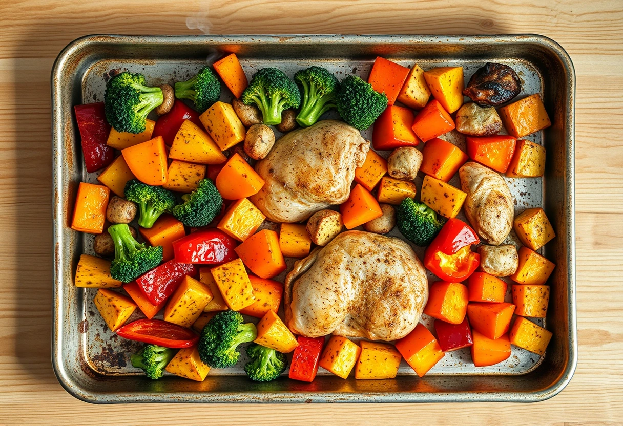 A vibrant and delicious sheet pan dinner featuring colorful vegetables like broccoli, bell peppers, and sweet potatoes alongside roasted chicken pieces, cooked to perfection. The scene is set on a well-lit kitchen counter, highlighting the simplicity and appeal of quick nutritious meals that won't bust the budget. The image has a clean, inviting aesthetic with soft focus on the foreground food.