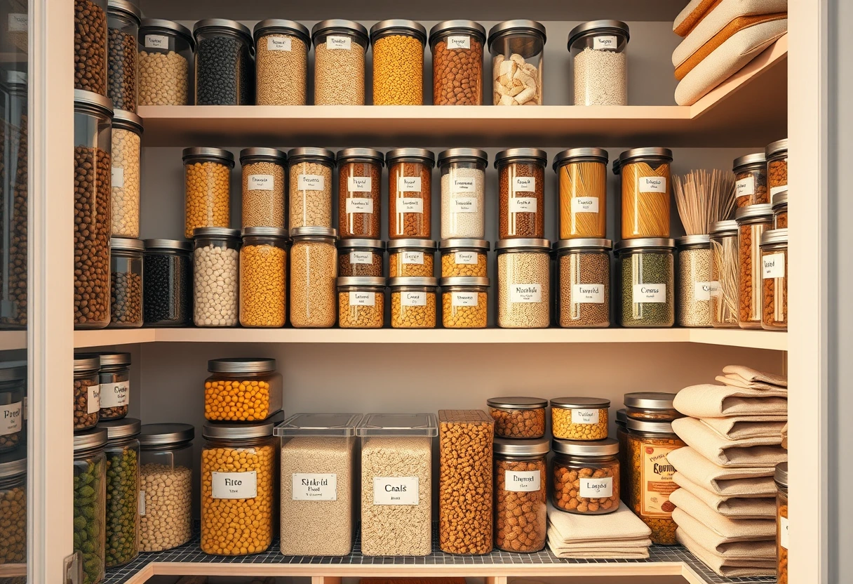 An aesthetically pleasing and functional pantry stocked with essential budget-friendly staples like dried beans, pasta, rice, and canned goods. Transparent containers and clear labels suggest an organized approach to maximizing savings and minimizing waste for quick nutritious meals that won't bust the budget. The lighting is warm and inviting, showcasing a well-managed home pantry.