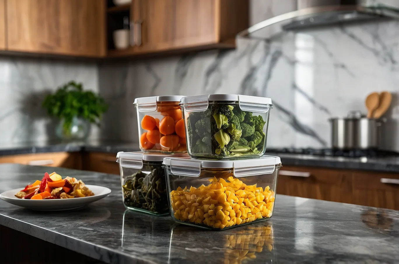 Food containers filled with a variety of different foods, ready to eat or reheat.