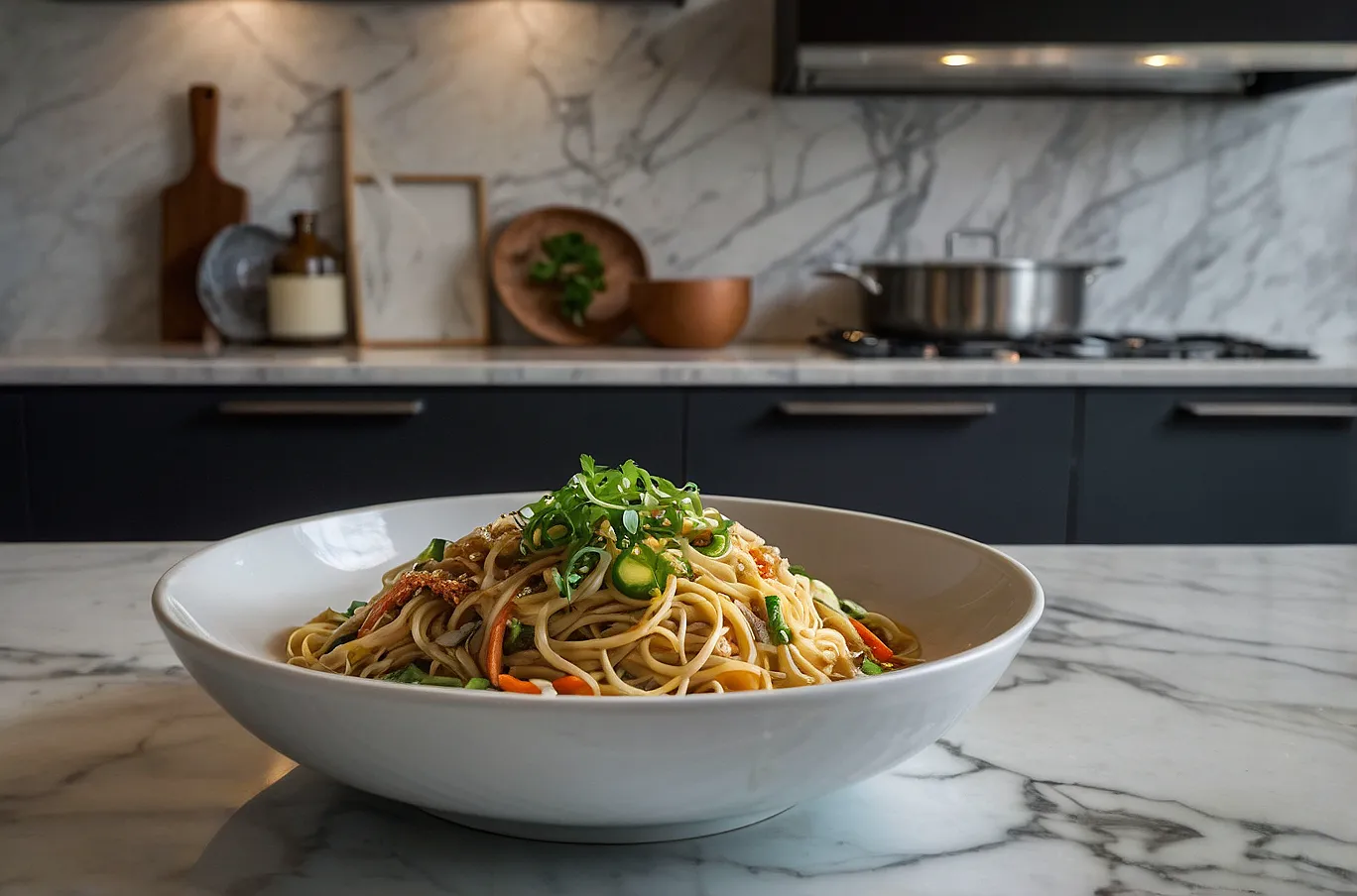 Noodle dish served in a bowl, warm and full of savory flavor.