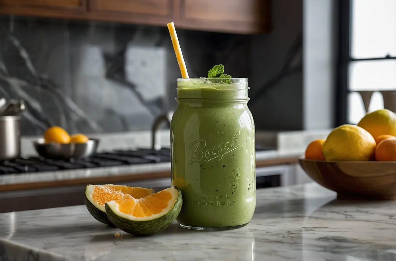 A mason jar filled with a thick, fruity smoothie—refreshing and vibrant.