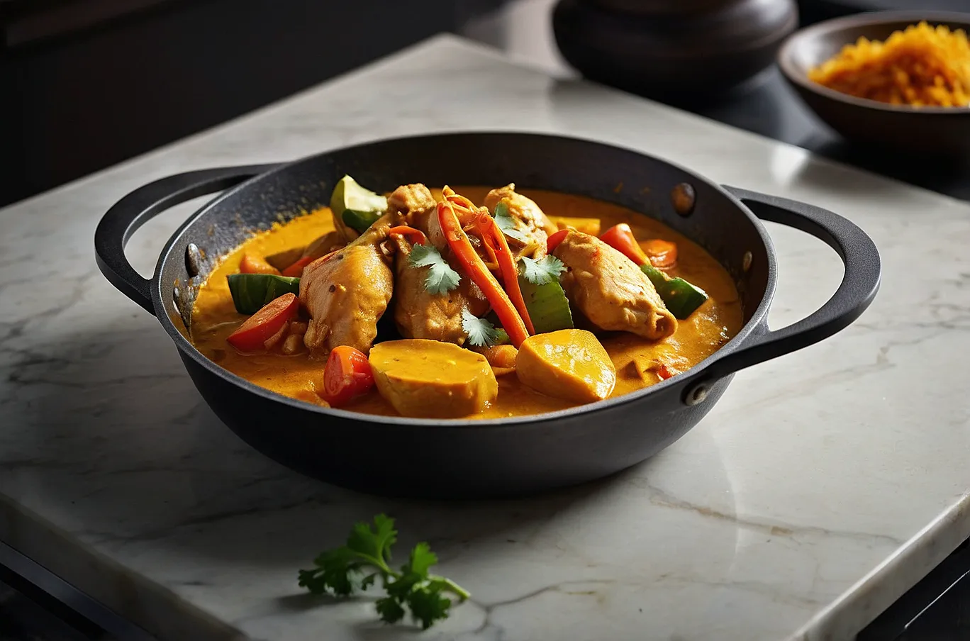 Chicken curry in a pan, coated in turmeric-spiced sauce with tender veggies.