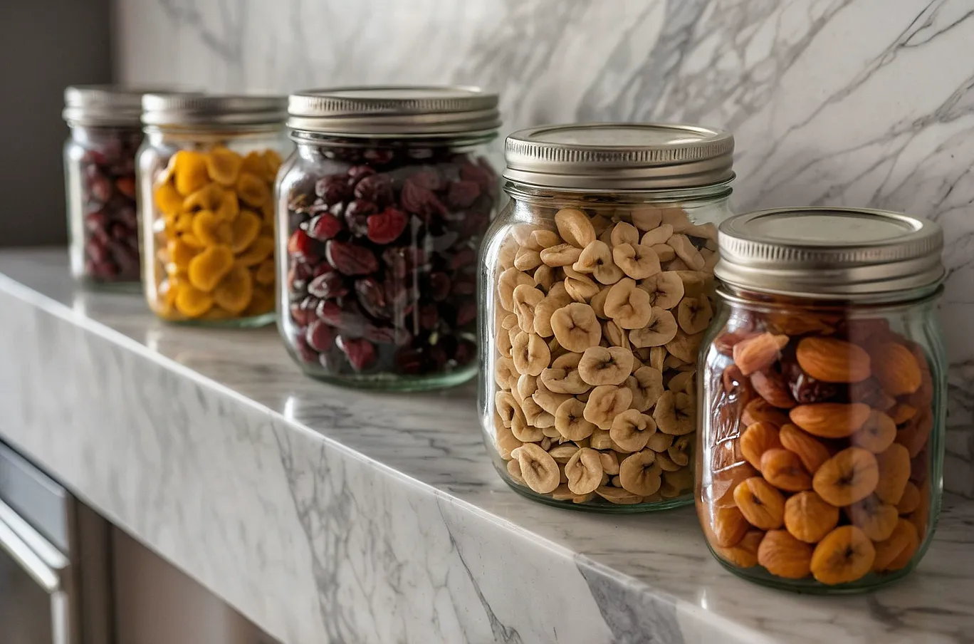 A variety of snacks arranged in mason jars.