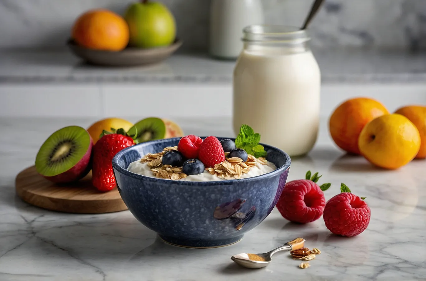 Bowl of muesli with oats, yogurt, and fresh fruit — a wholesome start to the day.