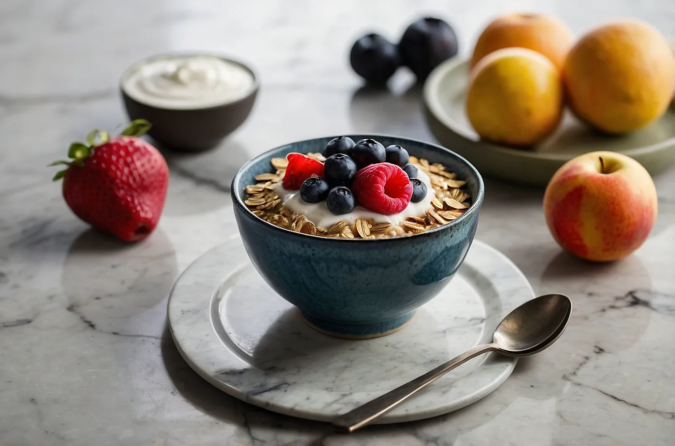 Bowl of muesli with oats, yogurt, and fresh fruit — a wholesome start to the day.
