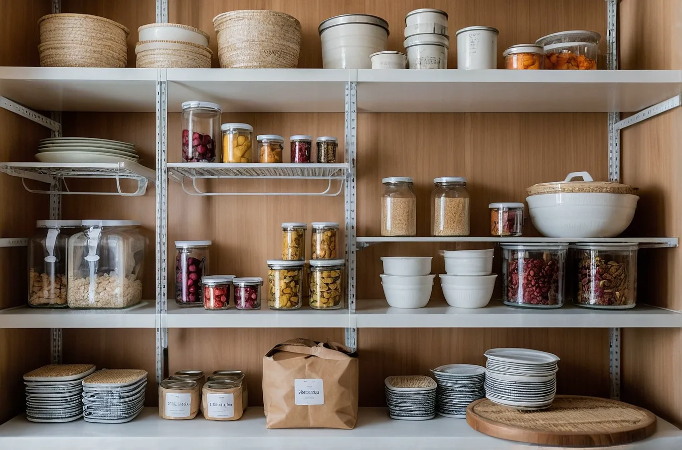 Shelf stocked with canned goods, packaged foods, and containers for organized storage.