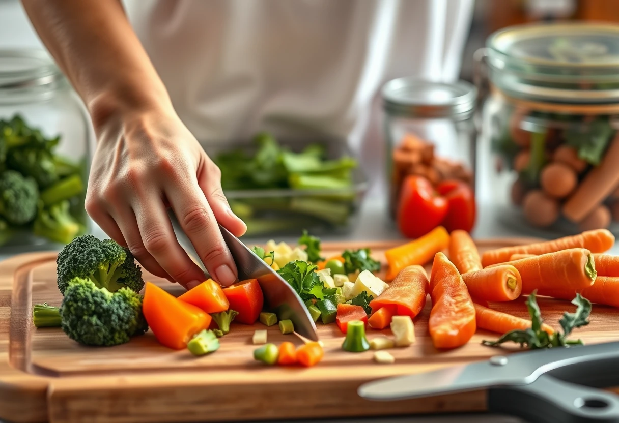 A single mother efficiently chopping vegetables and preparing ingredients for an array of simple and affordable family meals, demonstrating effective meal planning for single moms.