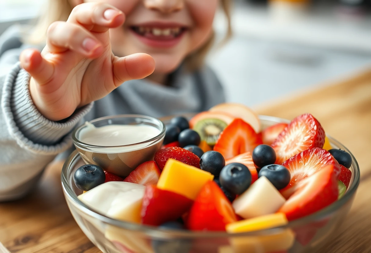 A child happily enjoying a bowl of colorful fruit slices with a side of yogurt dip, representing nutritious after-school bites.