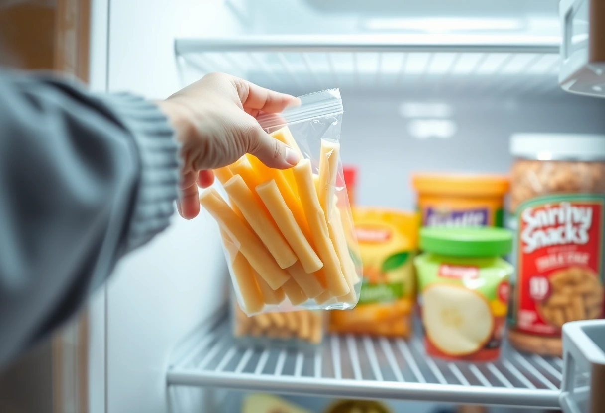 A busy young mother quickly grabbing a pre-portioned bag of wholesome after-school fuel, featuring cheese sticks and apple slices, from her fridge.