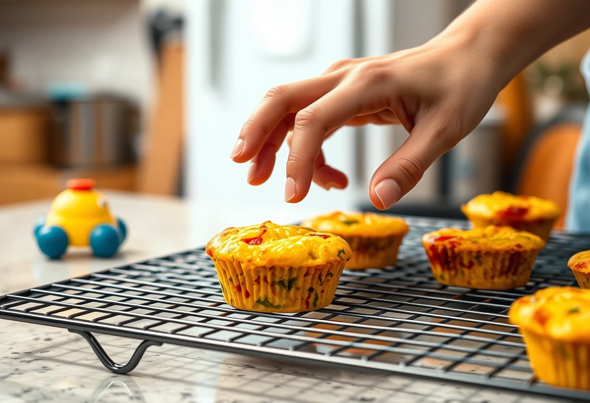 A busy mom quickly grabbing a freshly baked egg muffin from a cooling rack, with a toddler playing in the background. The scene emphasizes the convenience of the meal prep, showcasing a simple and delicious breakfast saving busy moms time.