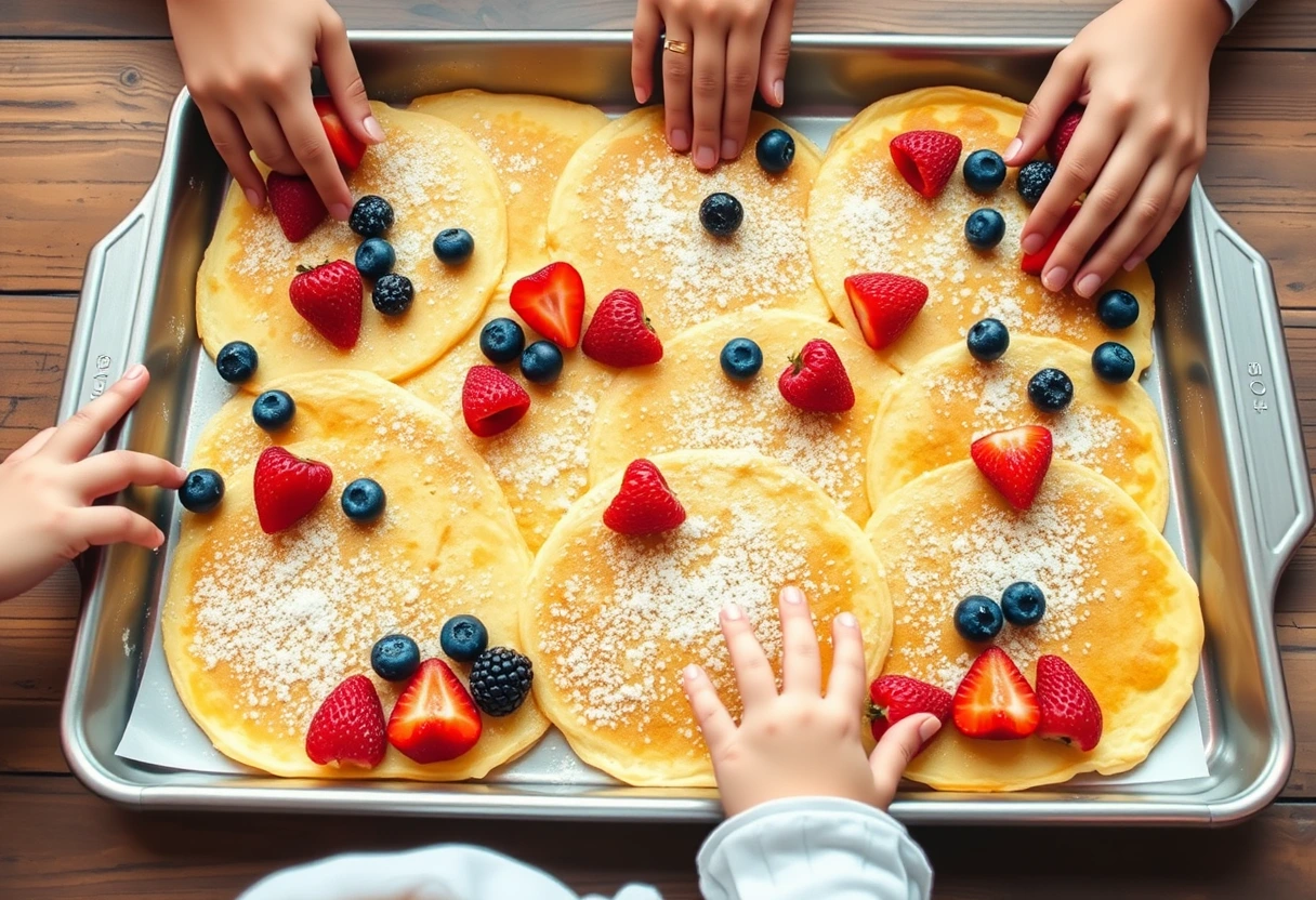 A wide shot of a baking sheet filled with golden-brown sheet pan pancakes, topped with fresh berries and a dusting of powdered sugar. The scene shows several hands, including a child's, reaching for pieces, highlighting a simple and delicious breakfast that saves busy moms time by feeding the whole family at once.