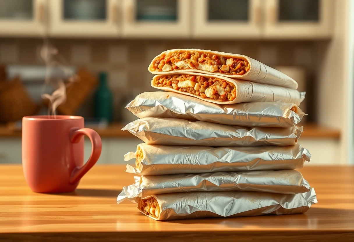A stack of foil-wrapped breakfast burritos on a kitchen counter next to a coffee mug, with a blurred background of a cozy kitchen. The image depicts a convenient, simple, and delicious breakfast that helps busy moms save time by being ready to grab and go.