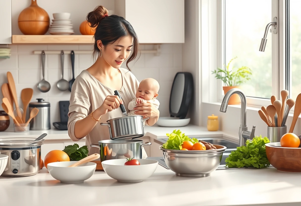 A busy young mother quickly preparing simple and healthy meals for hectic family schedules in a clean, modern kitchen while her child plays nearby.
