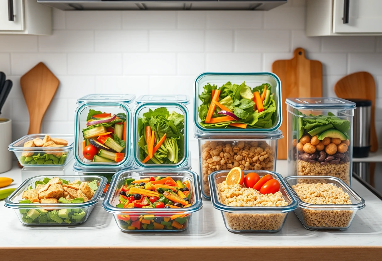 A colorful array of simple and healthy meals for hectic family schedules prepped in clear containers, ready for the week, emphasizing fresh ingredients and smart meal solutions.
